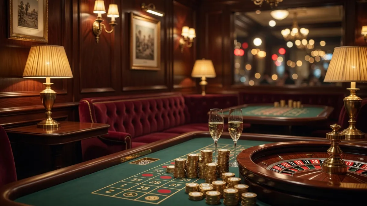 Luxuriöser Casino-Salon mit Roulette, Kronleuchtern und Samtsesseln